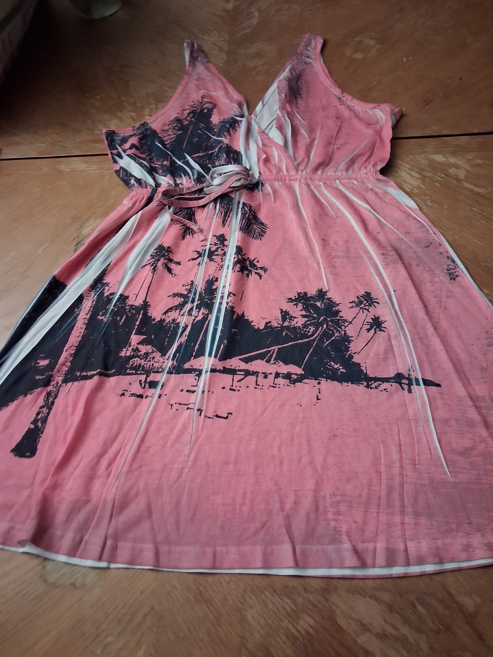 Coral Pink Palm-Print Midi Dress with Drawstring Waist